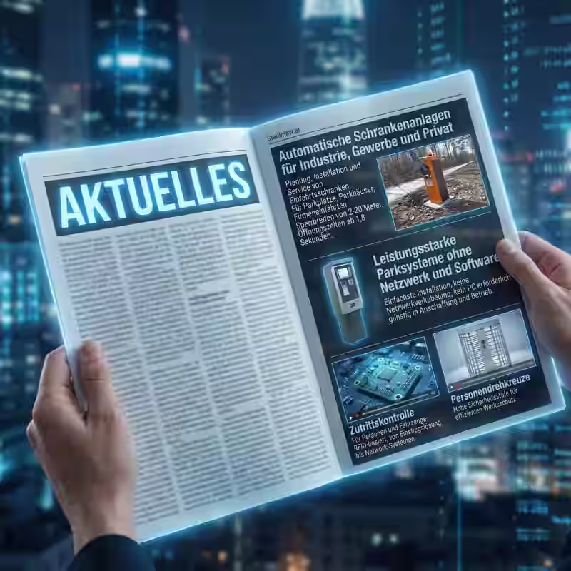 KI generiertes Bild, mit einer Zeitung, die Schranken und Drehkreuze der Firma Stadlmayr Verkehrssysteme zeigt