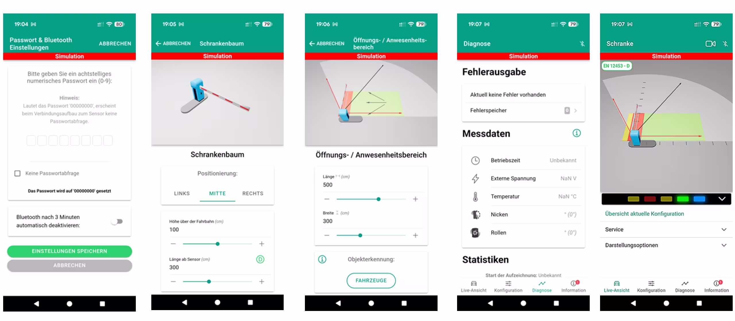 Screenshots der App für die Konfiguration des Radarscanners MWD, für automatische Schranken.