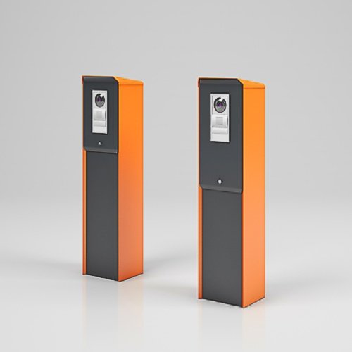 Zwei Bediensäulen für automatische Schranken. Type Terminal von Magnetic